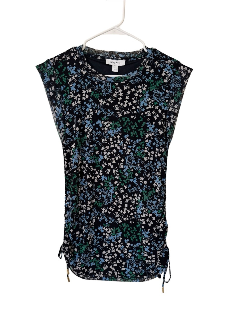 Nine West Navy Vista Blue Floral Ruched Side Pull Tie Blouse NWT Size L
